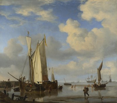 Dutch Vessels Close Inshore at Low Tide, and Men Bathing by Willem van de Velde the Younger